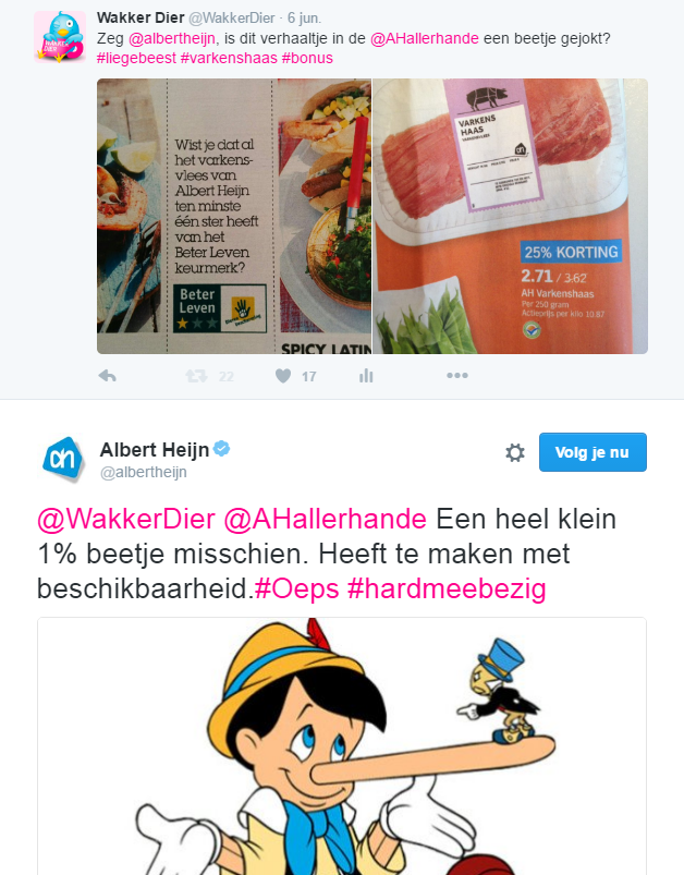 Twtterbericht Albert Heijn varkenshaas keurmerk